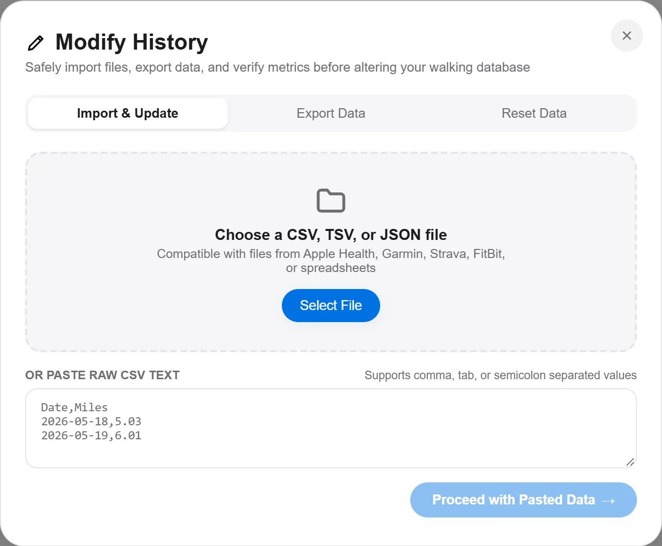 Modify History: Import, Export and Reset