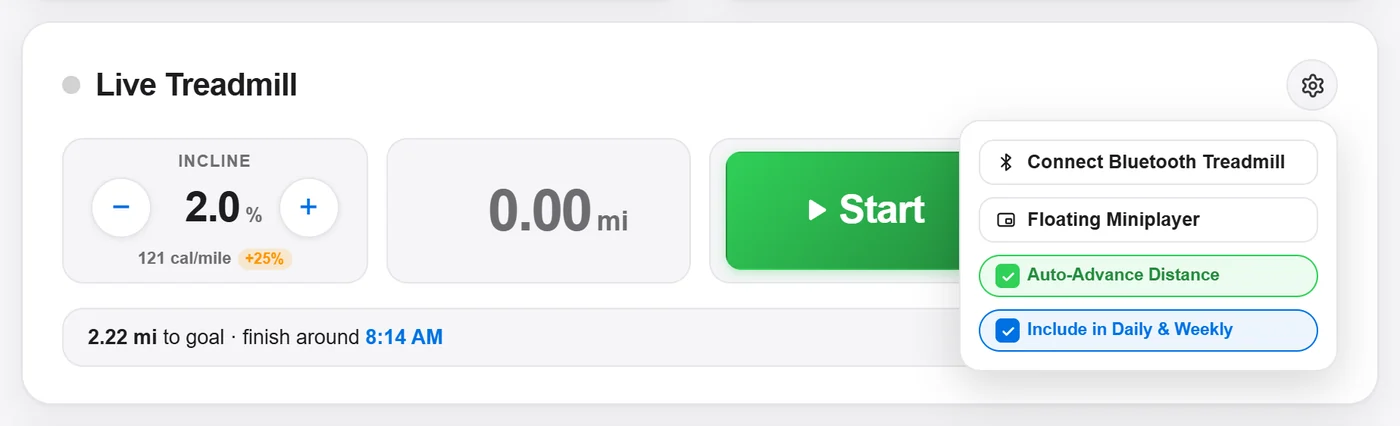 The Live Treadmill gear menu